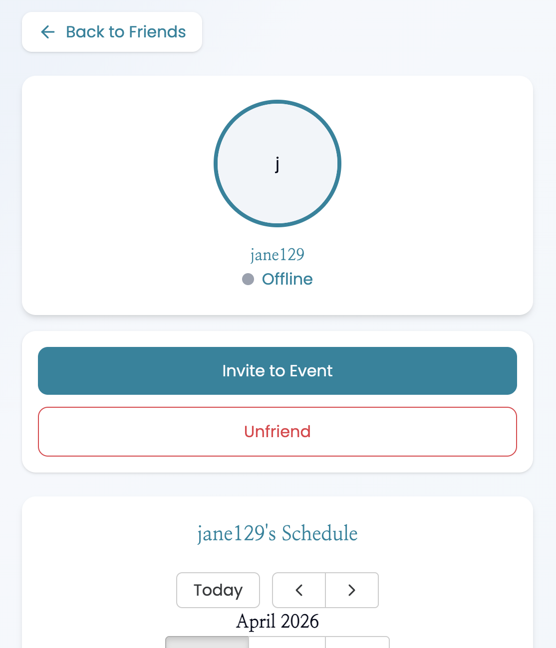 A friend profile in Centered, with the friend's calendar