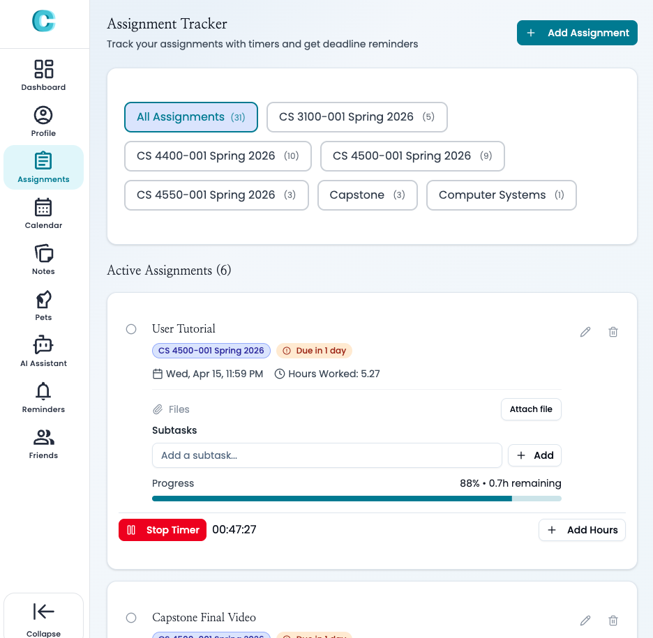 Assignment tracker with created assignments