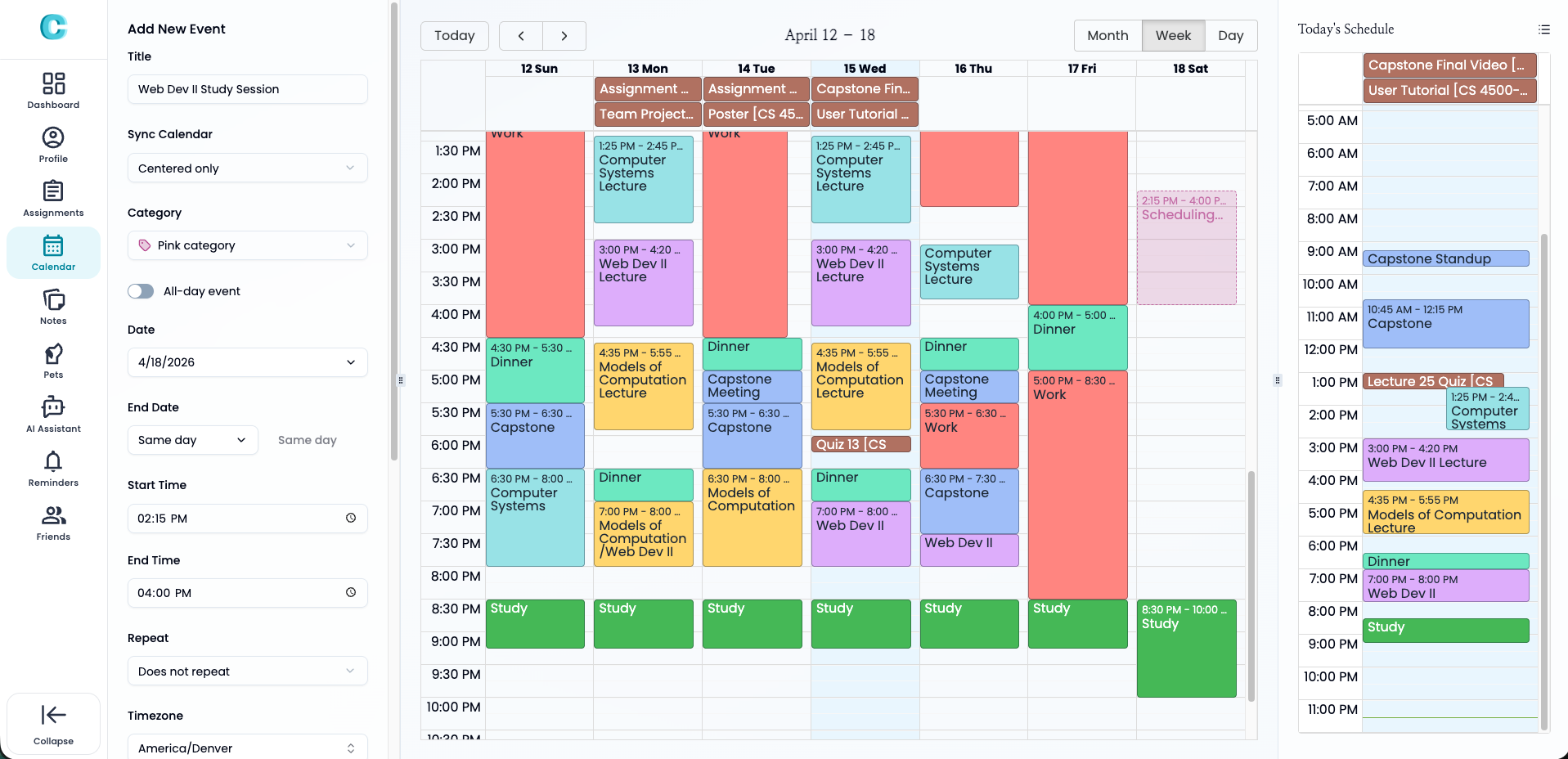 Centered calendar view