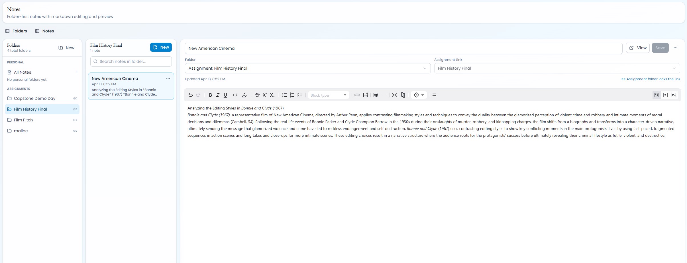 Centered notes editor