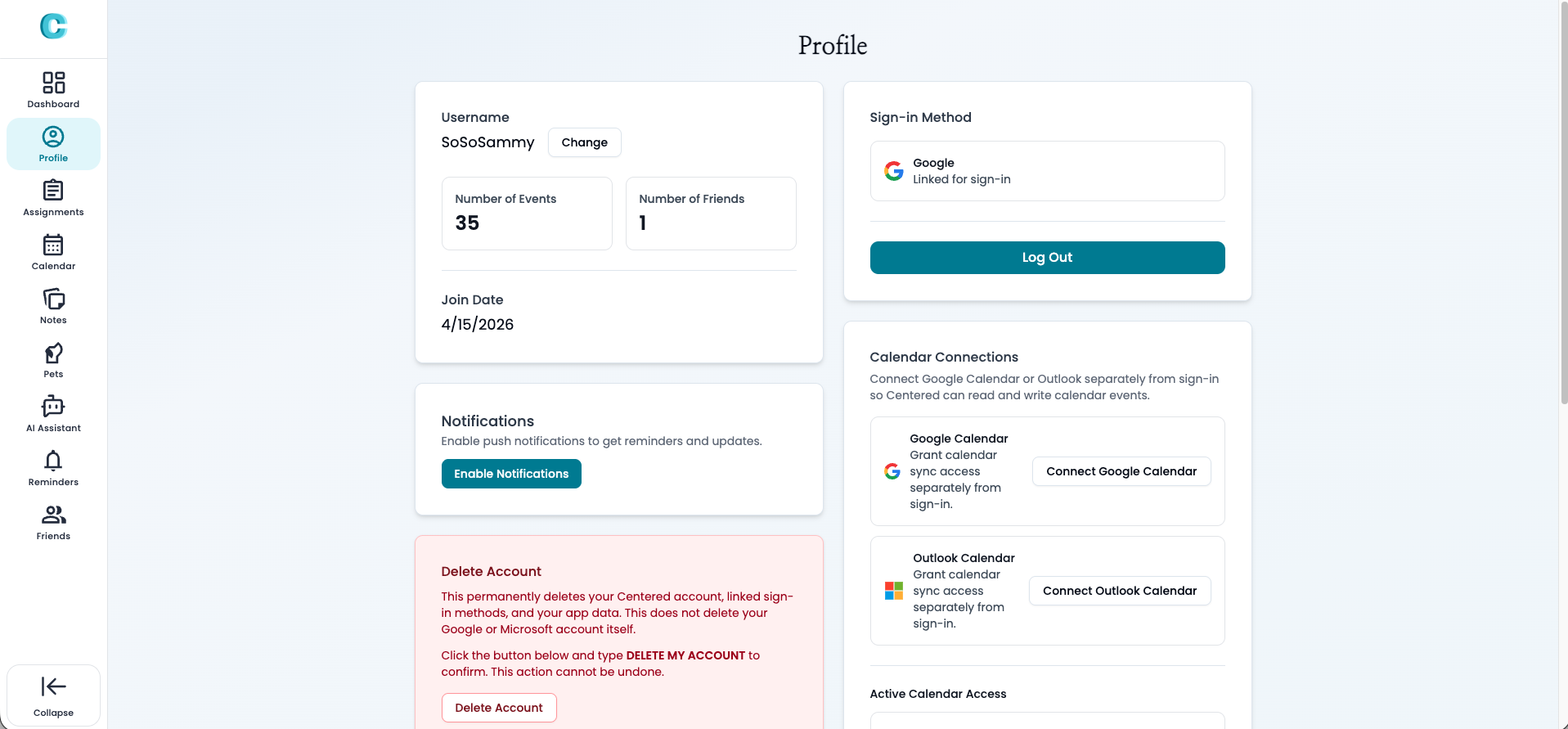 Centered profile screen