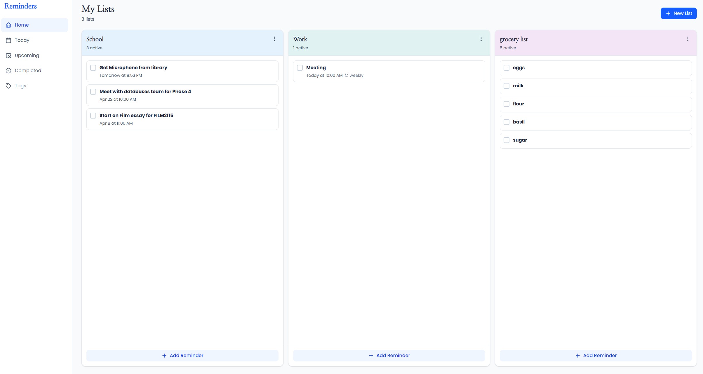 Centered reminders screen